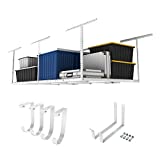 FLEXIMOUNTS 4x8 Overhead Garage Storage Rack w/Hooks Adjustable Ceiling Storage Racks, 96' Length x 48' Width x 40' Height, 22''-40' Ceiling Dropdown, White