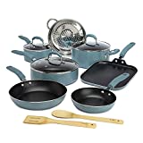 Goodful 12 Piece Cookware Set with Premium Non-Stick Coating, Dishwasher Safe Pots and Pans, Tempered Glass Steam Vented Lids, Stainless Steel Handles, Turquoise