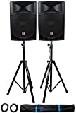 Pair Rockville RPG15 15' 2000w Powered PA/DJ Speakers + 2 Stands + 2 Cables+Bag