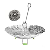 Vegetable Steamer Basket,Stainless Steel Folding Steamer Basket Insert for Cooking Veggies/Fish Seafood/Boiled Eggs with Safety Tool,Adjustable Sizes to fit Various Pots(5.5' to 9')