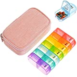 Weekly Pill Organizer Canvas Travel Medicine Box with Zipper Bag 7 Day, 2 Times a Day AM/PM Morning Night, Large Compartments Holding Medicine Vitamins Supplements Fish Oil for Men Women (Pink)