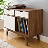 Modway Envision Mid-Century Modern 37' Vinyl Record Display Stand With Drawers, 37 Inch, Walnut White