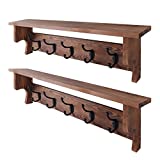 Coat Rack Wall Mount with Shelf, 26 Inch Rustic Wooden Entryway Shelf with 5 Hanger Hooks, Farmhouse Mounted Solid Pine Floating Wall Shelf for Kitchen Bathroom Mudroom Laundry Living Room, Set of 2