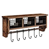 Rolanstar Wall Mounted Shelf with Hooks, Entryway Organizer Shelf with Storage Cabinets, Wall Mount Coat Rack with 6 Hooks, 24” Hanging Coffee Bar Shelf for Living Room Bathroom Kitchen Rustic Brown