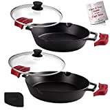 Cast Iron Skillet Set - 10' + 12'-Inch Dual Handle Frying Pans + Glass Lids + Silicone Handle Holder Covers - Pre-seasoned Oven Safe Cookware - Indoor/Outdoor Use - Grill, Stovetop, Induction Safe