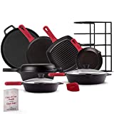Cast Iron Cookware Set - Complete Pre-Seasoned Kit - 8' Skillet + 10'+12' Skillets with Glass Lid + Grill Pan + Multi-Cooker/Dutch Oven + Flat Griddle + Pizza Pan + Pan Rack Organizer - Indoor/Outdoor