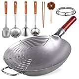 Carbon Steel Wok Traditional Hand Hammered Wok - 13.4” Chinese Wok Round Bottom Wok Pan Set with 8 Pcs Cookware Accessories