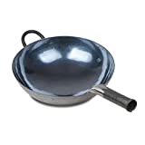 ZhenSanHuan Chinese Hand Hammered Iron Woks and Stir Fry Pans, Non-stick, No Coating, Carbon Steel Pow (36CM, BlueBlack Seasoned with help handle)
