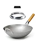 Bielmeier 14 Inch Carbon Steel Wok with Wok Ring ,Woks and Stir Fry Pans with Sponge, Round Bottom Wok pan for Home and Professional Cooking