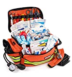 Scherber First Responder Bag | Fully-Stocked Professional Essentials EMT/EMS Trauma Kit | Reflective Bag w/8 Zippered Pockets & Compartments, Shoulder Strap & 200+ First Aid Supplies - Orange