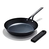 OXO Obsidian Pre-Seasoned Carbon Steel, 12' Frying Pan Skillet with Removable Silicone Handle Holder, Induction, Oven Safe, Black
