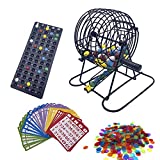 JUNWRROW Deluxe Bingo Game Set with 6 Inch Bingo Cage, Bingo Master Board,75 Colored Balls with a Bag, 50 Bingo Cards, and 500 6 Color Mix Bingo Chips with a Bag, Ideal for Large Groups