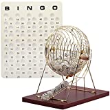 Professional Bingo Game Set. Including Extra Large Brass Bingo Cage, 1.5-Inch Ping Pong Style Bingo Balls, Plastic Masterboard (Wooden Base Cage Set)