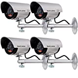 WALI Bullet Dummy Fake Surveillance Security CCTV Dome Camera Indoor Outdoor with 1 LED Light, Security Alert Sticker Decals (TC-S4), 4 Packs, Silver