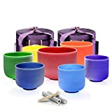 TOPFUND Chakra Tuned Set of 7 Color Crystal Singing Bowls 6-10 inch with Heavy Duty Carrying Cases and Singing Bowl Mallet Suede Strikers