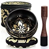 Tibetan Singing Bowl Set ~ Easy to Play ~ Creates Beautiful Sound for Holistic Healing, Stress Relief, Meditation & Relaxation ~ Bliss Pattern ~ Black Bowl with Black Pillow