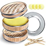 Limited Edition Bamboo Steamer - 2-Tier Dumpling Steamer Set - Stainless Steel Ring Adapter, Reusable Silicone Mats, 2 Bamboo Tongs - Steaming Accessories for Bao, Dim Sum, Veggie, Fish - 10-inch