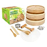 Bamboo Steamer 10 Inch - Basket 2 Tier Steam Cooker Pot for Rice, Dim Sum, Fish, Vegetable & Meat – Set of Two Bamboo Chopsticks, Steamer Liner and Steamer Basket