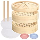 Dash Pass 21 Bamboo Steamer Basket, 10 Inch 2 Tier Design Dumpling Steamer for Cooking Vegetables, Seafood, Includes 2 Set Chopsticks, 2 Sauce Dishes, 2 Reusable Silicone Liners