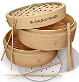 Bamboo Bimbi Steamer for Cooking - 10 Inch Bamboo Steamer Basket for Cooking Healthy Asian Food in 2 Tiers Simultaneously - Dim Sum, Dumpling and Vegetable Steamer with Chopsticks, Tong and Liners