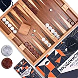 Pointworks 17 Inch Backgammon Set for adults. Beautiful wood inlaid folding backgammon game with unique stone-inspired checkers. Classic Traditional board games, travel game for two players board game
