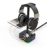 TROND Headset Holder Headphone Stand with USB Charger & Power Strip 2 in 1, RGB Earphone Hanger Accessories 3 USB Charging Port, 3 AC Outlet for Desk Gaming, Desktop, DJ (Black)
