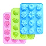 homEdge Food Grade Silicone Flowers Molds, Baking Pan with Flowers and Heart Shape Non-Stick 3-Pack Silicone Molds for Chocolate, Candy, Jelly, Ice Cube, Muffin (Pink, Blue and Green)