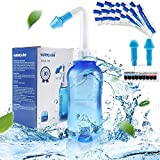 Neti Pot Sinus Rinse Nasal Wash Bottle Sinus Rinse Bottle Allergy Cleaner Pressure Irrigation Neti-Pot with Sticker Thermometer for Adult & Kid BPA Free(300ml with 30 Nasal Wash Salt Packets)