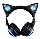 New Edition Wireless Cat Ear Headphones (12 Color Changing) with Speakers & 3.5mm Jack, Type-C Charging, Bluetooth&Wired Connection (Black)