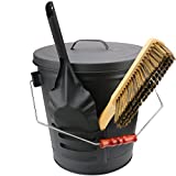 Uniflasy Ash Bucket with Lid, Shovel and Hand Broom, 5.2 Gallon Metal Coal Ash Bucket for Fireplace, Fire Pits, Wood Burning Stove, Ash Can with Lid Fireplace Wood Stove Ash Fireplace Cleaning Tools