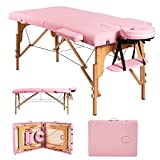 Massage Table Portable Massage Bed Spa Bed 84 Inch 2 Folding Height Adjustable Professional Portable Folding Massage Table, Spa Table Facial Cradle Salon Bed Tattoo Bed, PU Leather (2-Fold Pink)