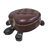 Elegant Wooden Walnut Finish Brown Turtle Animal Shaped Ottoman Foot Stool - Faux Leather Ottoman Brass Tack Accents