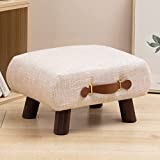 Foot Stool with Handle, Beige Footstool Elegant Small Foot Stool Rest with Wooden Legs, 9''H, Rectangle Fabric Foot Stools for Adults with Waterfall Edge, Ottoman for Living Room, Desk, Bedroom
