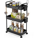 Ronlap Slim Storage Cart, 3 Tier Utility Rolling Cart with Wheels Mobile Slide Out Storage Organizer Cart with Handle Hanging Cups Dividers for Bathroom Laundry Room Kitchen Office Narrow Place, Black
