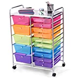 GOFLAME 15-Drawer Rolling Storage Cart, Multipurpose Movable Organizer Cart, Utility Cart for Home, Office, School (Multicolored & Clear)