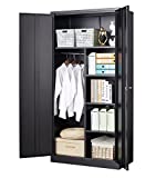 MIIIKO Steel Combination Storage Cabinet with 4 Shelves, 2 Lockable Doors, Office Home Organizer Storage with Hanging Rod