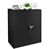 Metal Storage Cabinet with Locking Doors, Lockable Steel Storage Cabinet with 2 Doors and Shelves, Black Metal Cabinet with Lock, Small Steel Cabinet for Office, Garage, Home, Shop INTERGREAT