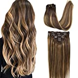 GOO GOO Clip In Hair Extensions Remy Chocolate Brown to Caramel Blonde Balayage Real Human Hair Extensions Straight Soft Natural Hair 7pcs 120g 18 inch