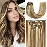 Hair Extensions Clip In Real Human Hair Extensions Light Brown to Blonde Highlights Balayage Hair 70g 15inch Real Hair Extensions 7pcs Natural Soft Straight Double Weft Blonde Remy Hair(15'#6613)