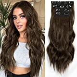Sué Exquisite Long Soft Glam Waves Thick Hairpieces 4PCS 20 inches Clip in Hair Extensions Chocolate Brown Synthetic Fiber Double Weft Soft Hair for Women Full Head