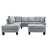 Casa Andrea Milano LLC 3 Piece Modern Tufted Micro Suede L Shaped Sectional Sofa Couch with Reversible Chaise & Ottoman, Large, Silver