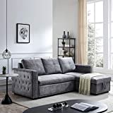 Morden Fort Velvet Reversible Sleeper Sectional Sofa L-Shape 3 Seat Sectional Couch with Storage-Gray