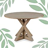 Finch Alfred Round Solid Wood Rustic Dining Table for Farmhouse Kitchen Room Decor, Wooden Trestle Pedestal Base, 47' Wide Circular Tabletop, Distressed Beige