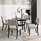 Merax 5-Piece Dining Set, Round Bottom Shelf, 4 Upholstered Chairs, Ideal for Kitchen, Dinning Room and Bar Table, Espresso and Beige