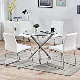 SICOTAS Round Dining Table Set for 4,Modern Kitchen Table and White Chairs,Dining Room Table Set with Clear Tempered Glass Top, Dining Set for Dining Room Kitchen Furniture (Table + 4 White Chairs)