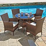 Oakmont 5-Piece Patio Furniture Outdoor Wicker Dining Table and 4 Chairs Set, Round Tempered Glass Top Table with Umbrella Hole, Brown