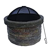 Peaktop Concrete Round Charcoal and Wood Burning Fire Pit for Outdoor Patio Garden Backyard with Spark Screen, Fireplace Poker, Grate, and BBQ Grill, 27 inch Length, Natural Stone