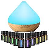 Essential Oil Diffuser & Top 12 Essential Oils Set, 300ml Aromatherapy Diffuser with 3 Timer & 7 Ambient Light Settings, Ultrasonic Diffusers for Essential Oils for Home -Lavender, Lemon and More