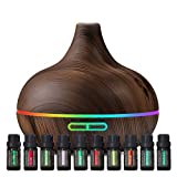 Ultimate Aromatherapy Diffuser & Essential Oil Set - Ultrasonic Diffuser & Top 10 Essential Oils - 300ml Diffuser with 4 Timer & 7 Ambient Light Settings - Therapeutic Grade Essential Oils - Dark Oak…