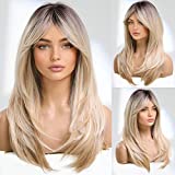 Blonde Wigs for Women Long Blonde Wig with Bangs Layered Synthetic Hair Wig with Dark Roots (22 Inch)